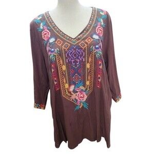 AK Embroidered Boho Top NWT Brown Size Small Lined Rayon